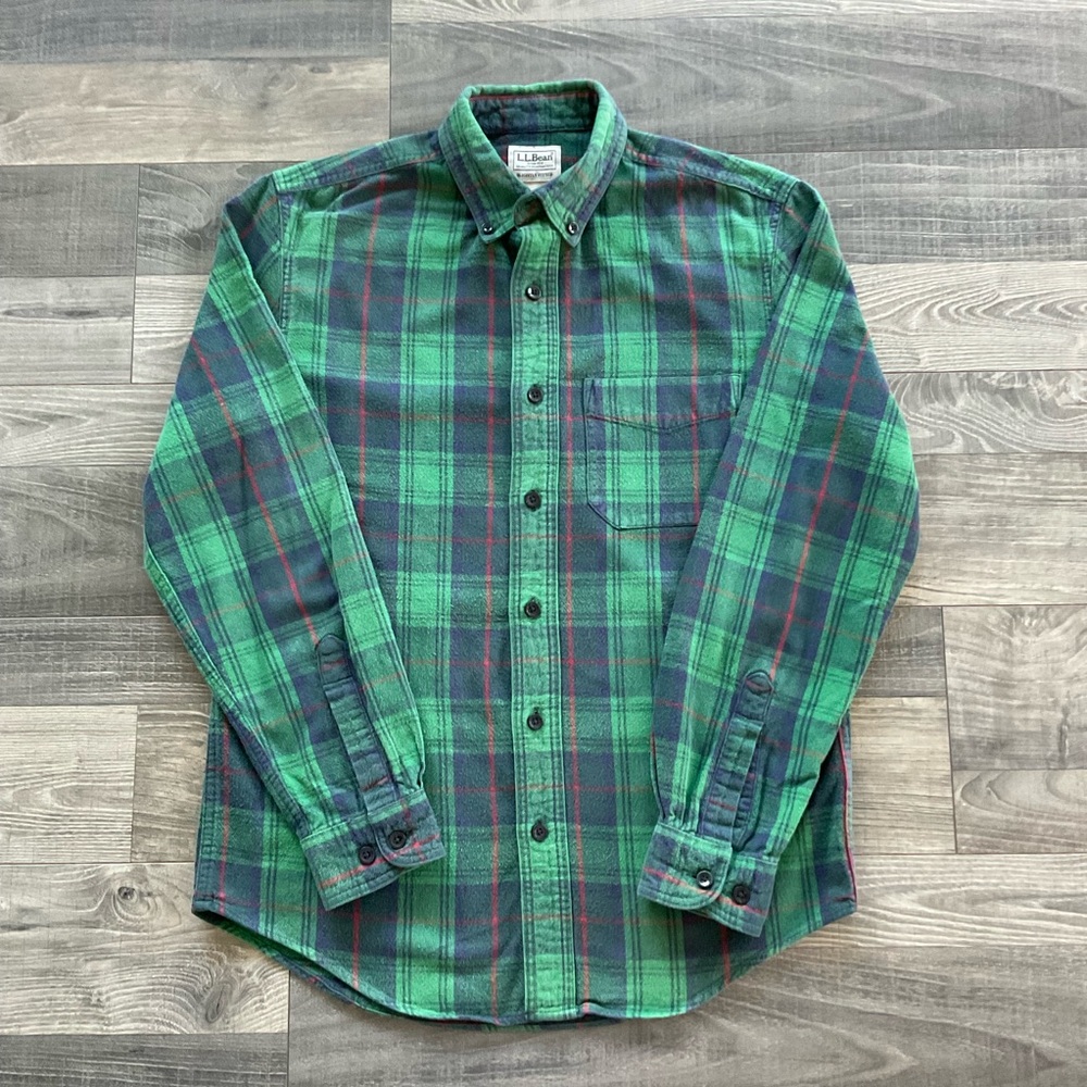 LL Bean Plaid Flannel Shirt Men’s SMALL Green Blue Red Slightly Fitted 298167